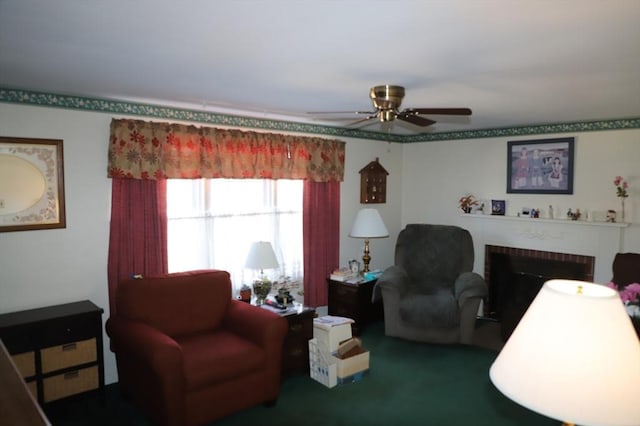 living room featuring carpet, ceiling fan, and a fireplace