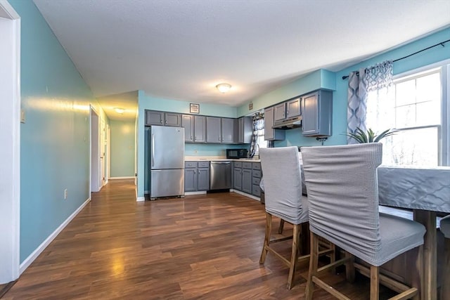 kitchen featuring gray cabinetry, stainless steel appliances, and dark wood-type flooring