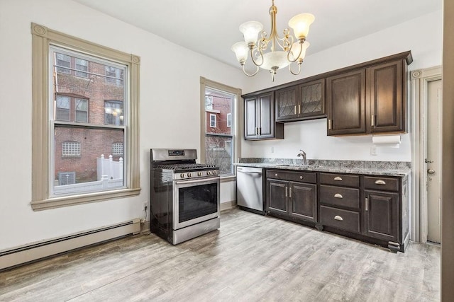 kitchen with dark brown cabinetry, light wood-style flooring, appliances with stainless steel finishes, and a baseboard heating unit