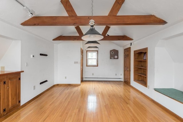 unfurnished living room featuring a baseboard heating unit, baseboards, built in features, lofted ceiling with beams, and light wood-style flooring