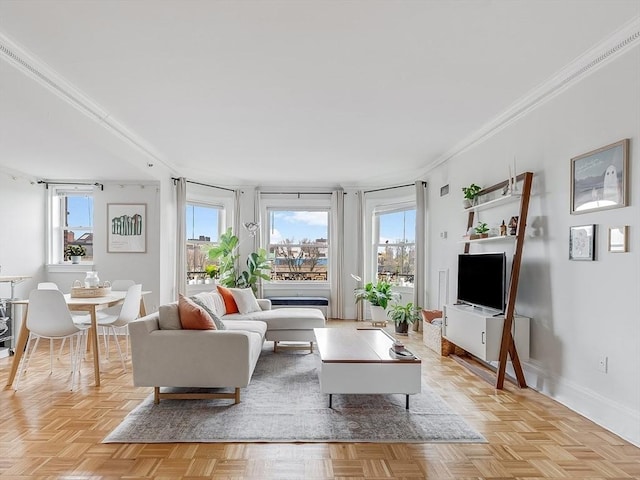 living area featuring ornamental molding and baseboards