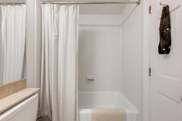bathroom with toilet and shower / bath combination with curtain