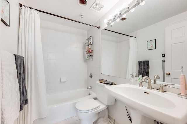 full bath with shower / bath combination with curtain, toilet, visible vents, and a sink