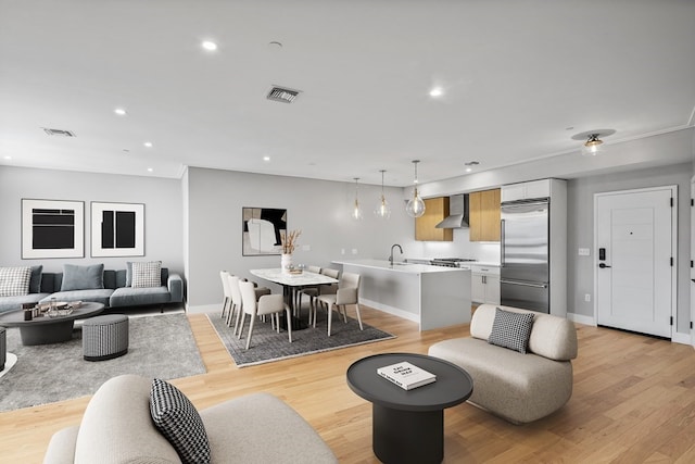 living room featuring light hardwood / wood-style flooring and sink