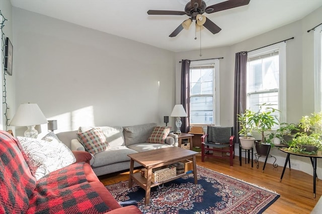 living room with hardwood / wood-style floors and ceiling fan