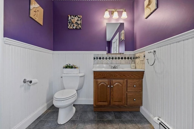 33 Gulf Hill Dr, Dartmouth, MA 02748 - half bath with a baseboard heating unit, a wainscoted wall, toilet, tile patterned flooring, and vanity