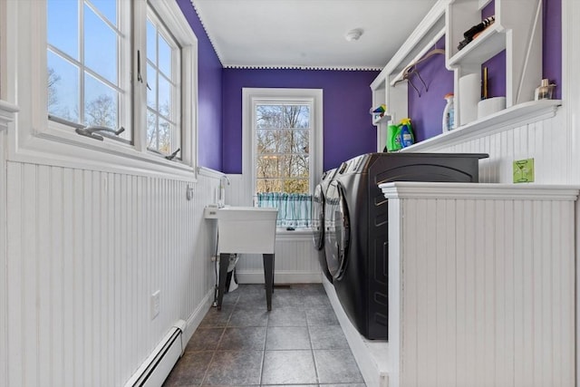 33 Gulf Hill Dr, Dartmouth, MA 02748 - clothes washing area featuring washing machine and dryer, wainscoting, and laundry area