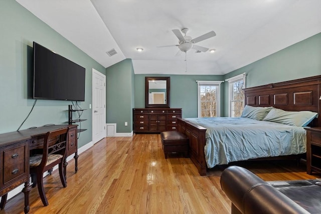 33 Gulf Hill Dr, Dartmouth, MA 02748 - bedroom with vaulted ceiling, a ceiling fan, light wood-style flooring, baseboards, and visible vents