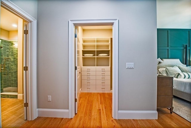 interior space with a walk in closet, light hardwood / wood-style floors, a closet, and connected bathroom