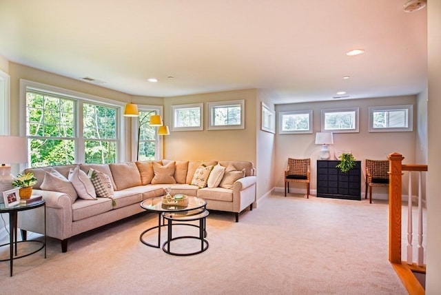 living room with light carpet