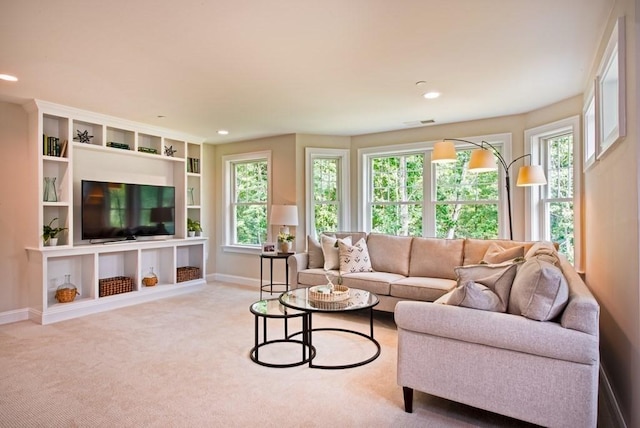 living room featuring light colored carpet