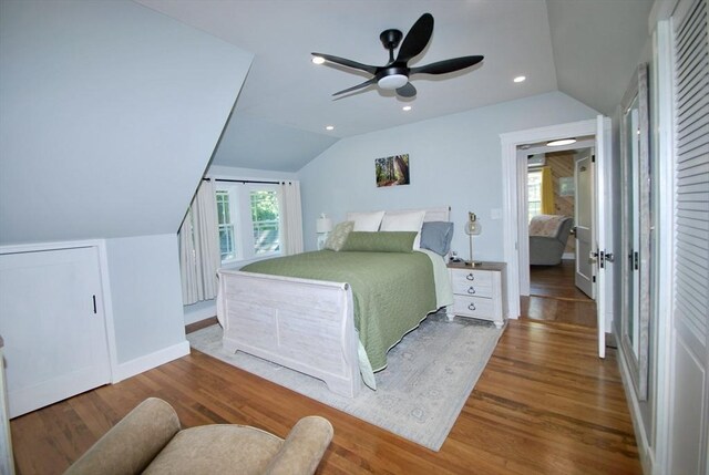 551 Indian Head St, Hanson, MA 02341 - bedroom featuring lofted ceiling, french doors, wood finished floors, a ceiling fan, and recessed lighting