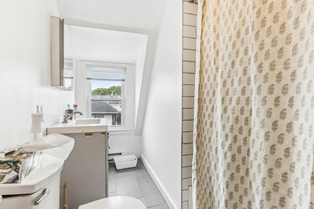831 N Shore Rd, Revere, MA 02151 - full bath featuring toilet, tile patterned flooring, vanity, a shower with shower curtain, and baseboard heating