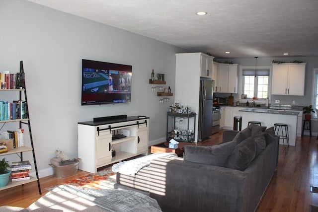 living room with dark hardwood / wood-style floors and sink