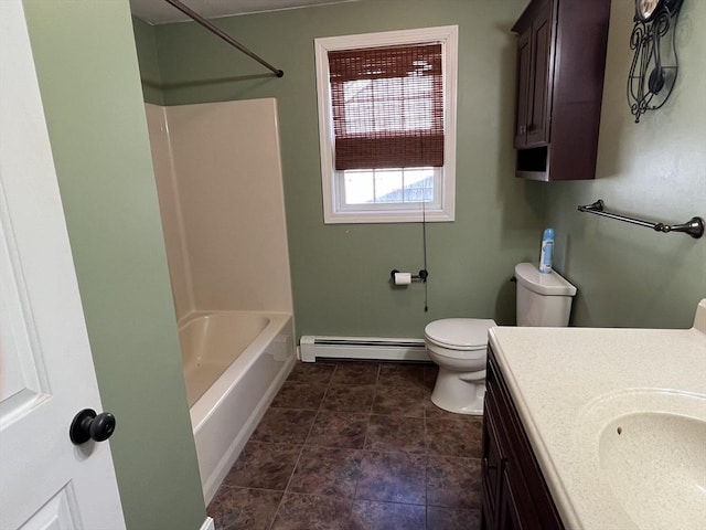 full bathroom featuring vanity, a baseboard heating unit, shower / bathtub combination, and toilet