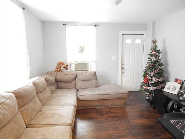 living room with plenty of natural light, cooling unit, and dark wood-type flooring