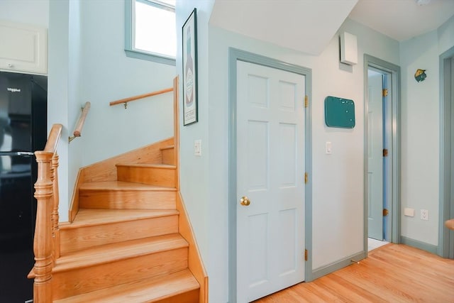 staircase with hardwood / wood-style flooring