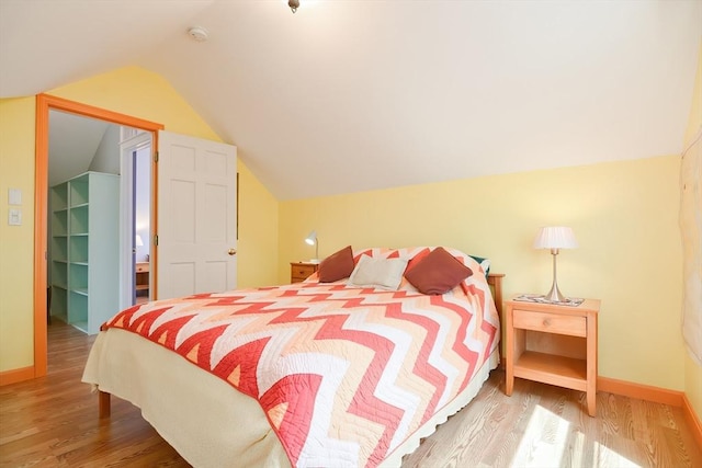 bedroom with hardwood / wood-style flooring, a spacious closet, and lofted ceiling