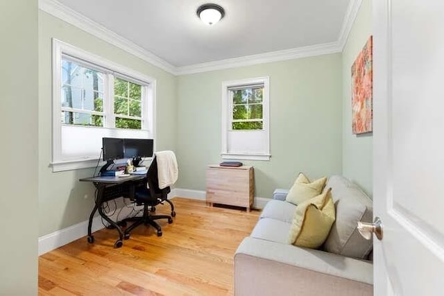 38 Paul Revere Rd, Lexington, MA 02421 - office area featuring plenty of natural light, ornamental molding, baseboards, and light wood-type flooring