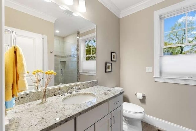 38 Paul Revere Rd, Lexington, MA 02421 - full bathroom with vanity, a stall shower, ornamental molding, baseboards, and toilet