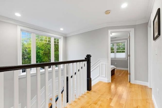 38 Paul Revere Rd, Lexington, MA 02421 - hall featuring an upstairs landing, crown molding, light wood-style flooring, recessed lighting, and baseboards