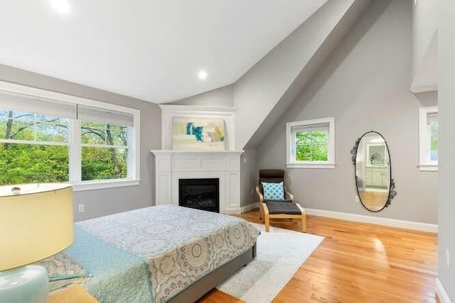 38 Paul Revere Rd, Lexington, MA 02421 - bedroom with vaulted ceiling, multiple windows, wood finished floors, a glass covered fireplace, and baseboards