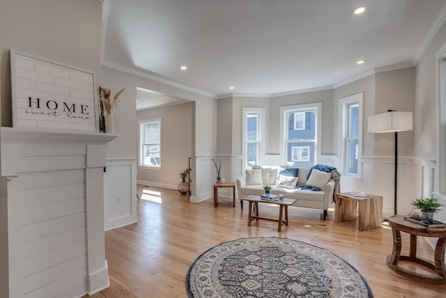 living area with crown molding, a decorative wall, light wood finished floors, and a wainscoted wall