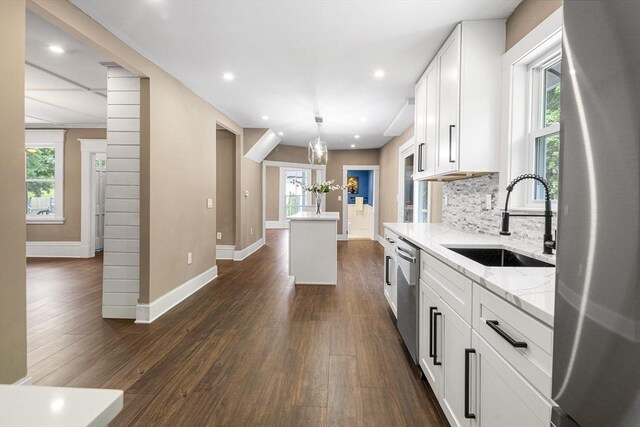 186 Chapel St, Abington, MA 02351 - kitchen featuring appliances with stainless steel finishes, a sink, baseboards, dark wood-type flooring, and recessed lighting
