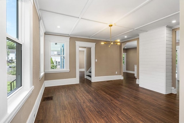 186 Chapel St, Abington, MA 02351 - unfurnished room featuring plenty of natural light, dark wood-style floors, baseboards, ornamental molding, and coffered ceiling
