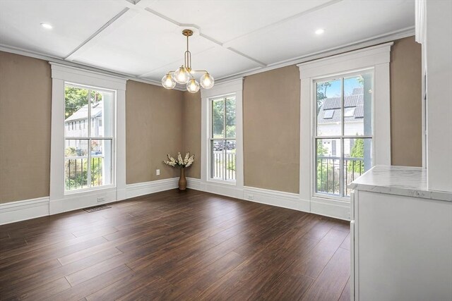 186 Chapel St, Abington, MA 02351 - unfurnished dining area featuring a chandelier, plenty of natural light, dark wood-type flooring, coffered ceiling, and recessed lighting