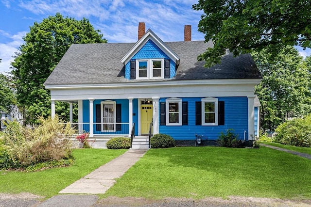 186 Chapel St, Abington, MA 02351 - view of front of home featuring a porch, a front yard, a chimney, and roof with shingles