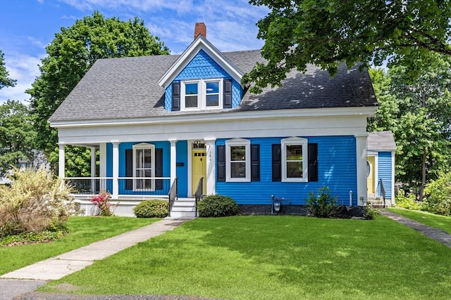 186 Chapel St, Abington, MA 02351 - view of front of home featuring a porch, a front yard, a chimney, and roof with shingles