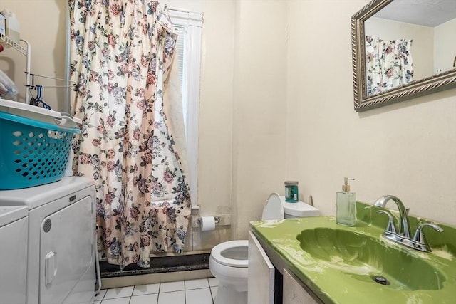 14 Franklin Ter, Boston, MA 02136 - full bathroom featuring separate washer and dryer, vanity, tile patterned flooring, and curtained shower