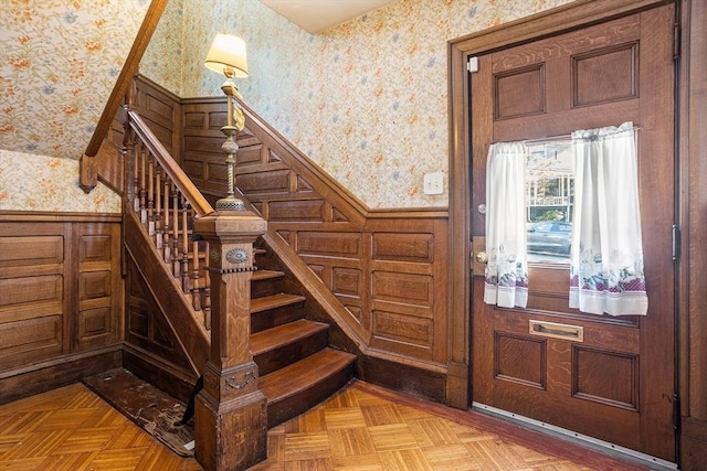 14 Franklin Ter, Boston, MA 02136 - entryway with wallpapered walls, a wainscoted wall, and stairway
