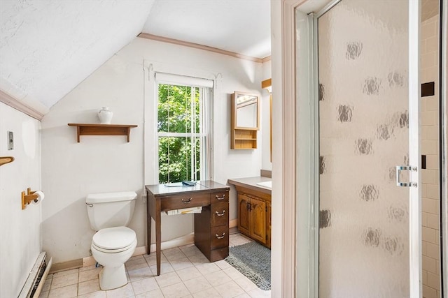 14 Franklin Ter, Boston, MA 02136 - bathroom with a baseboard radiator, a stall shower, vanity, lofted ceiling, and tile patterned floors