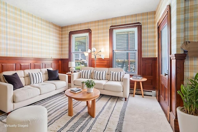 14 Franklin Ter, Boston, MA 02136 - living room with a baseboard radiator, a wainscoted wall, wallpapered walls, and carpet flooring