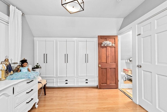 bedroom with lofted ceiling and light wood-type flooring