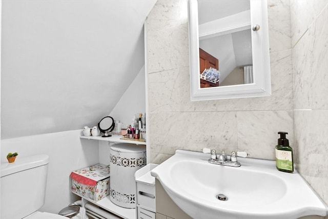 bathroom with toilet, vaulted ceiling, and vanity