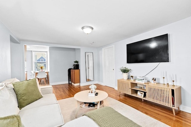 living room with baseboards and wood finished floors