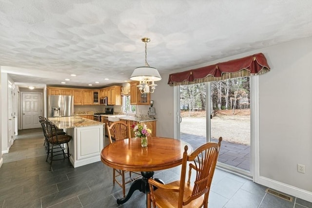 2 Spencer Way, Merrimac, MA 01860 - dining room featuring a textured ceiling, visible vents, a chandelier, baseboards, and recessed lighting