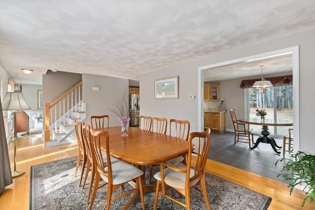 2 Spencer Way, Merrimac, MA 01860 - dining space featuring stairs, a textured ceiling, and dark wood finished floors