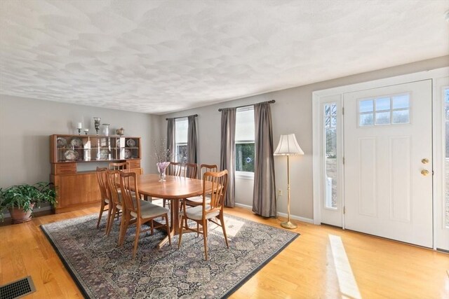 2 Spencer Way, Merrimac, MA 01860 - dining area with baseboards, visible vents, light wood-style flooring, and a textured ceiling