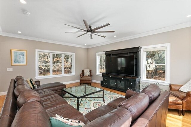 2 Spencer Way, Merrimac, MA 01860 - living area featuring crown molding, baseboards, wood finished floors, and a ceiling fan