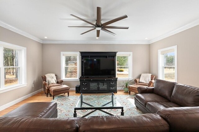 2 Spencer Way, Merrimac, MA 01860 - living room with baseboards, ornamental molding, wood finished floors, recessed lighting, and a ceiling fan