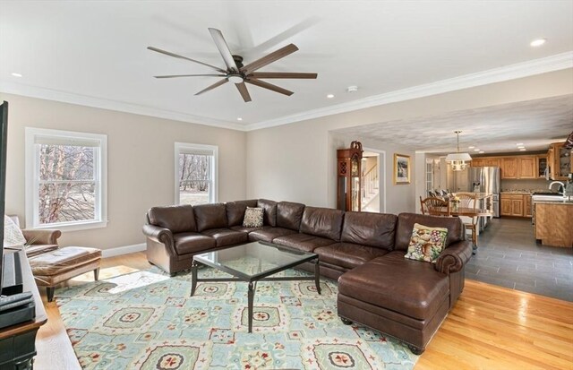 2 Spencer Way, Merrimac, MA 01860 - living area featuring crown molding, wood finished floors, baseboards, ceiling fan, and recessed lighting