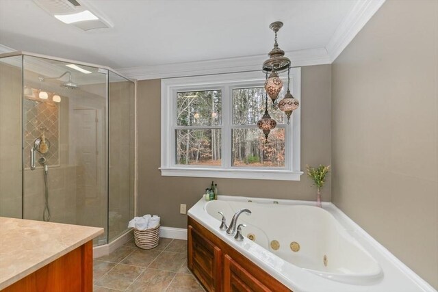 2 Spencer Way, Merrimac, MA 01860 - bathroom featuring crown molding, a shower stall, vanity, tile patterned flooring, and a whirlpool tub
