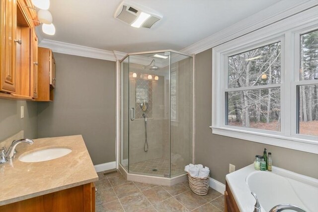 2 Spencer Way, Merrimac, MA 01860 - full bathroom featuring baseboards, visible vents, a stall shower, and crown molding