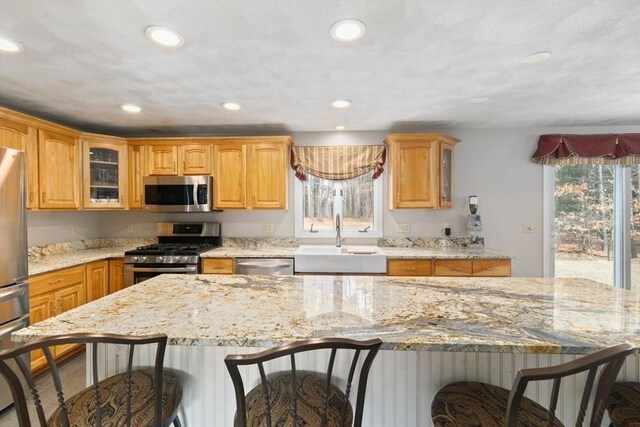 2 Spencer Way, Merrimac, MA 01860 - kitchen with a sink, a breakfast bar area, glass insert cabinets, and appliances with stainless steel finishes