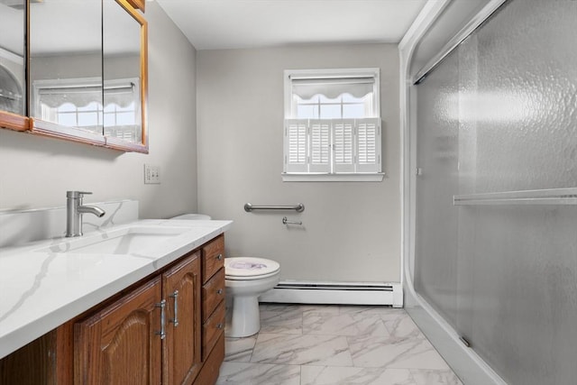 bathroom with baseboard heating, toilet, marble finish floor, a shower stall, and vanity