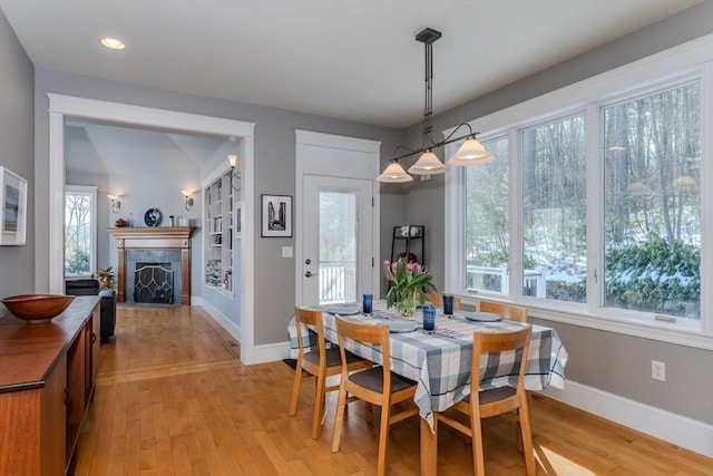 dining area with light hardwood / wood-style floors, plenty of natural light, and a tiled fireplace